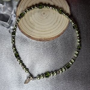 Vintage DD Silvertone & Olive Green Beaded Anklet